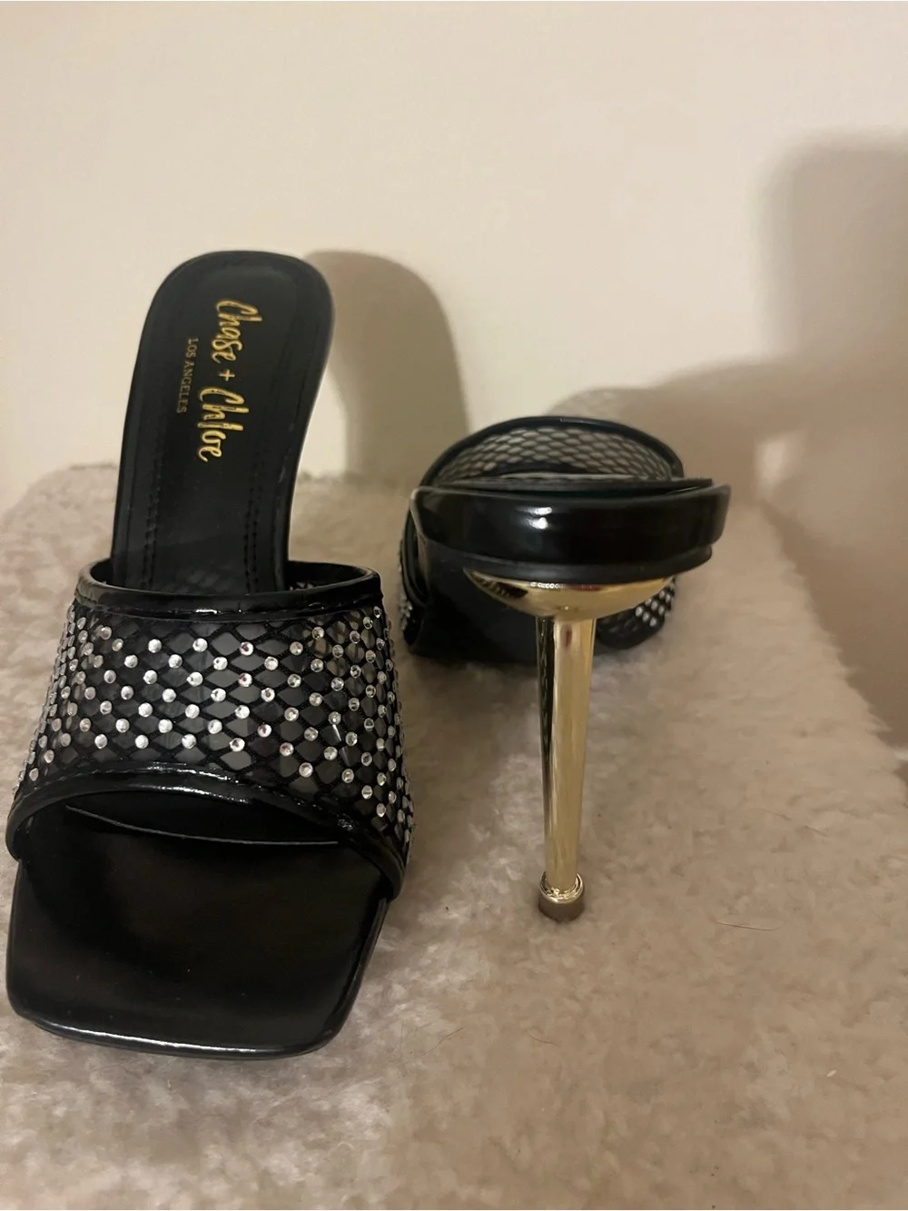 Chase + Chloe Black Rhinestone Mesh Stiletto Slide Heels